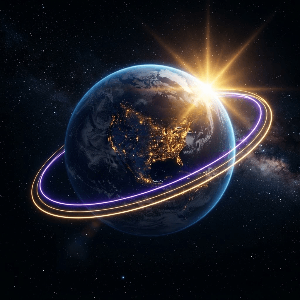 Planet Earth at night, with city lights visible across North America, encircled by glowing gold and purple orbital rings